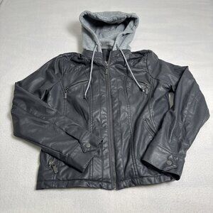 J2 Women LG Grey Faux Leather Jacket Faux Fur Lined Zip Pockets Removable Hood